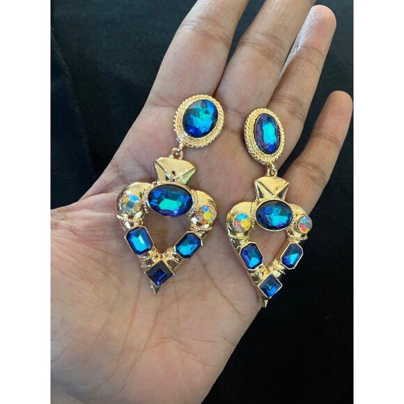 Dark blue earrings , big blue earrings , teal crystal blue Ab earrings teal gold - Picture 7 of 8